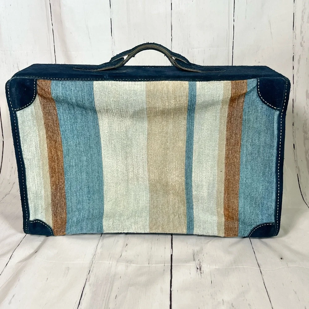 Vintage French Blue suede, striped fabric luggage, travel suitcase rare